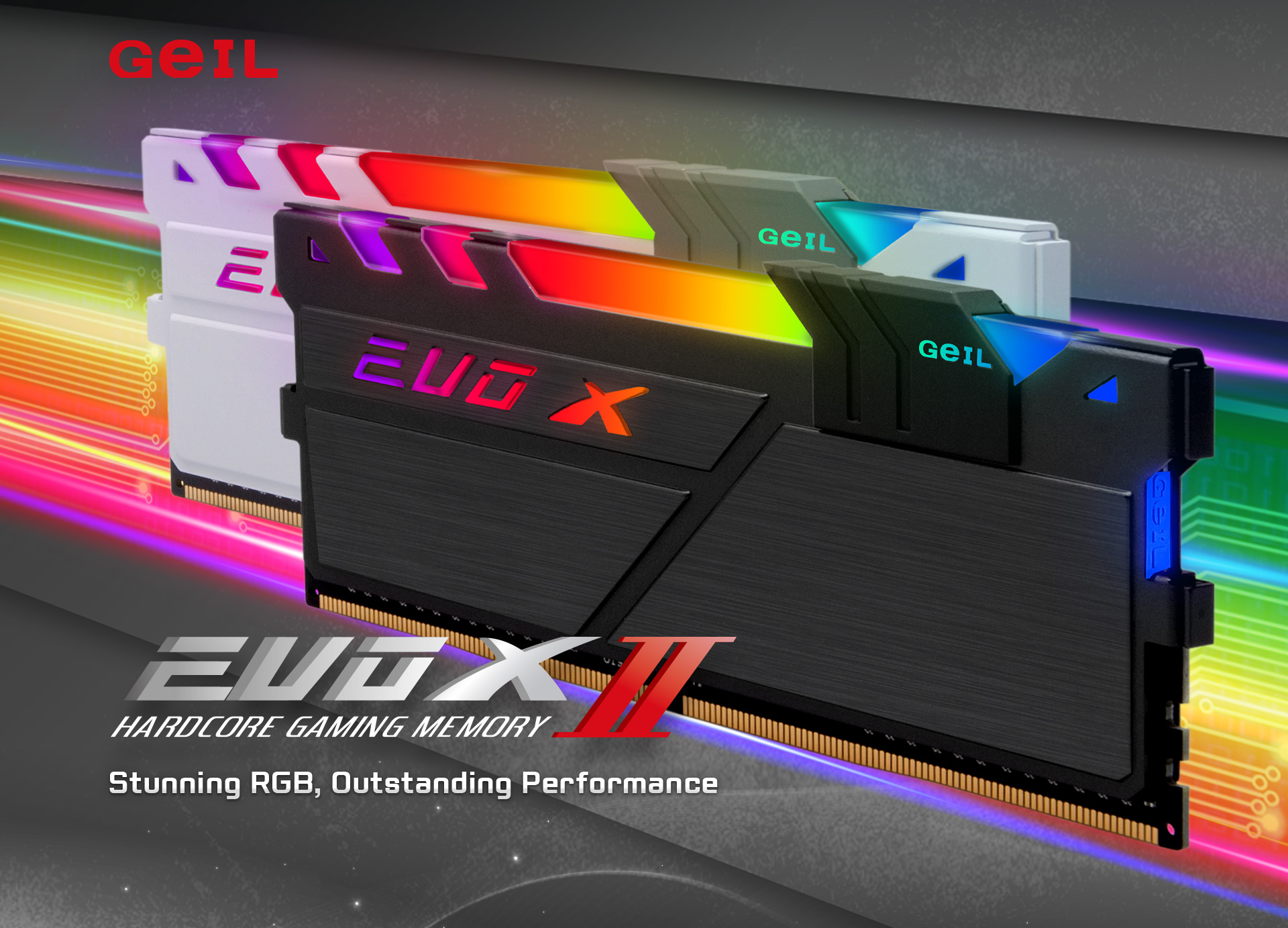 Geil Logo Above Two Geil EVO X Gaming Memory Stick, One White the Other Black, both facing up, angled to the left with rainbow-colored circuitry behind them. There is also text that reads: EVO X II HARDCORE GAMING MEMORY, Stunning RGB, Outstanding Performance