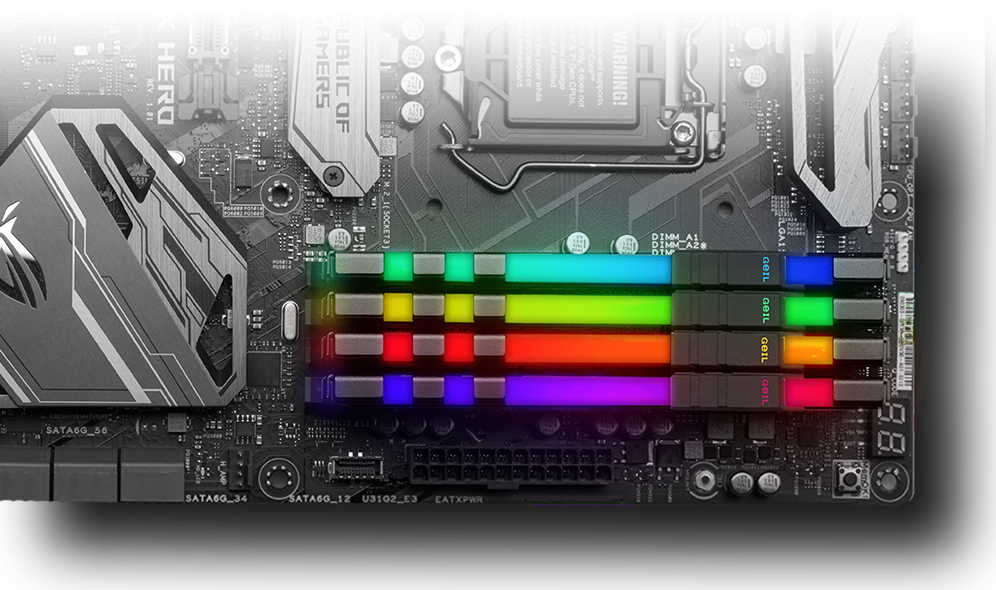 Overhead view of Four Geil EVO X Memory Modules Installed on a Motherboard