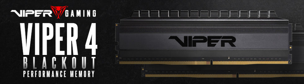 Front view of the Patriot Viper 4 Blackout memory module in standing position. Next to it on the left are Viper Gaming logo and texts reading as