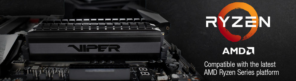 Quad Patriot Viper 4 Blackout memory modules installed on motherboard. Next to it are AMD Ryzen logo and texts reading as “Compatible with the latest AMD Ryzen series plaftorm”