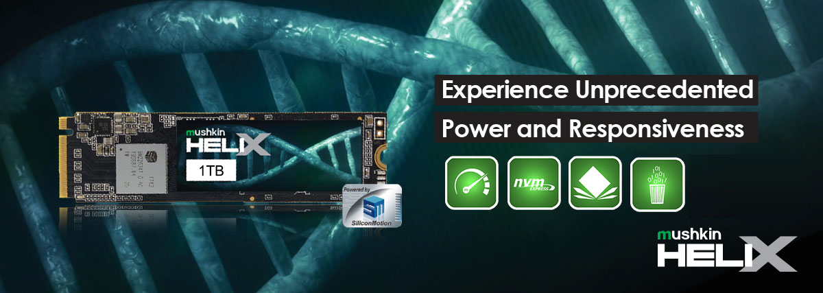   Front view of the Helix-L M.2 SSD in horizontal orientation. Next to it on the right are feature icons and texts reading as “experience unprecedented power and responsive ness”