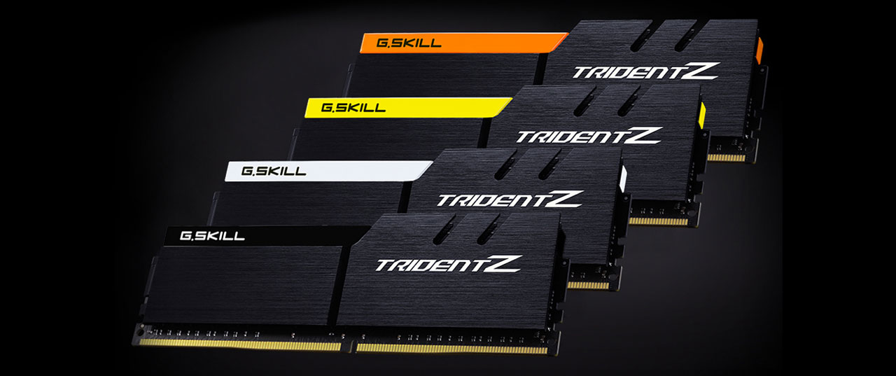 Four Trident Z memory modules, all with black heat spreader and each with different colored accent bar   