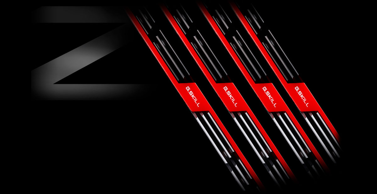   Top of four Trident Z memory modules with red accent bar, with a stylized “Z” next to them on the left 
