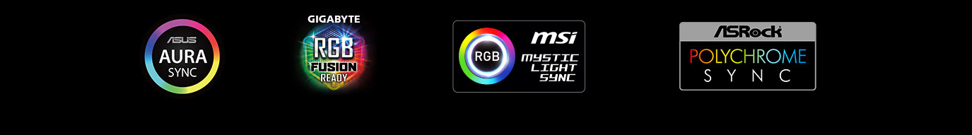 ASUS Aura Sync icon, Gigabyte RGB Fusion icon, MSI Mystic Light icon and ASRock Polychrome Sync icon