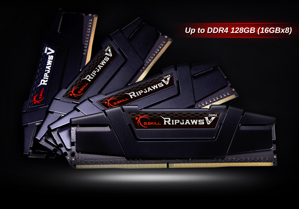  Four G.SKILL Ripjaws V in black heat spreader arranged in a sector shape, with texts at top right corner reading as “up to DDR4 128G  (16GBx8)”  