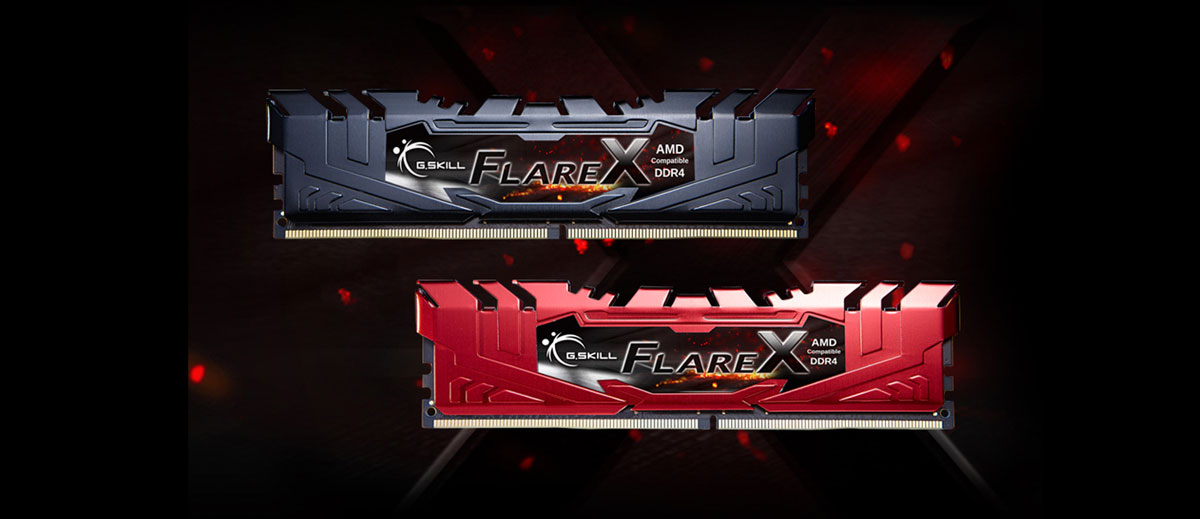 Two Flare X RAMs, one in black heat spreader at the upper part of the picture, and the other one in red heat spreader at the lower part of the picture