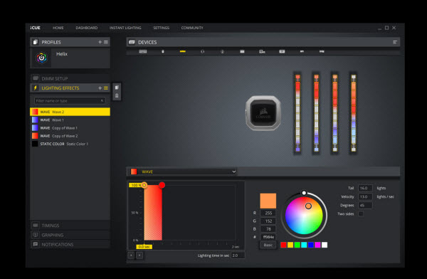 RGB customization interface on iCUE software