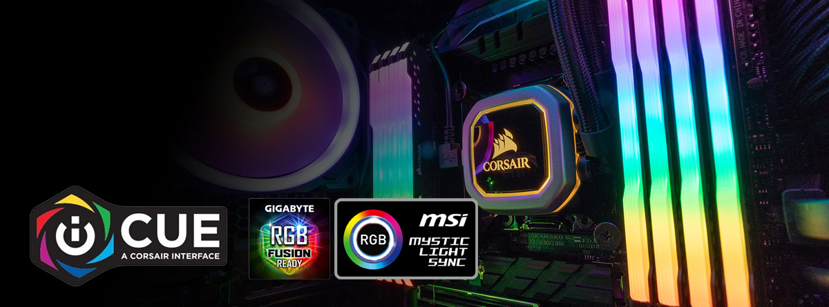 Illuminated RAM modules with badges for Corsair CUE, Gigabyte RGB Fusion and MSI Mystic Light Sycn