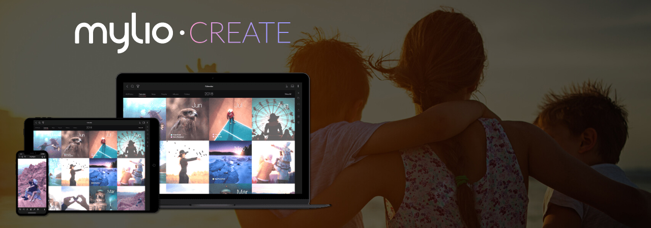 At the left of this picture is a phone, a tablet and a laptop, all running the Mylio Create software. The background is a female with two boys on her sides