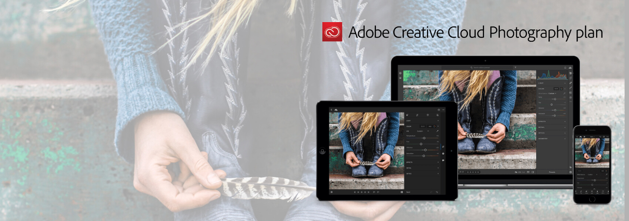 At the right of this picture is a tablet, a laptop and a phone running the Adobe Creative Cloud. The background is a female playing with a feather in her hands