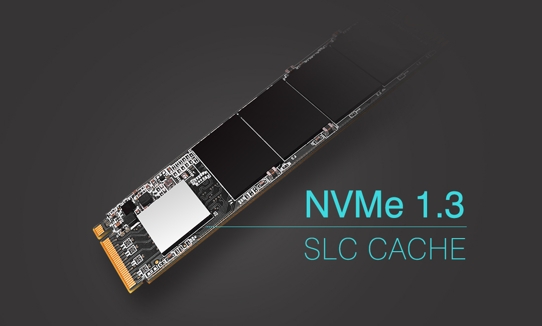 Closeup of the SSD PCB and a chip pointing out with texts reading as “NVMe 1.3” and “SLC Cache”