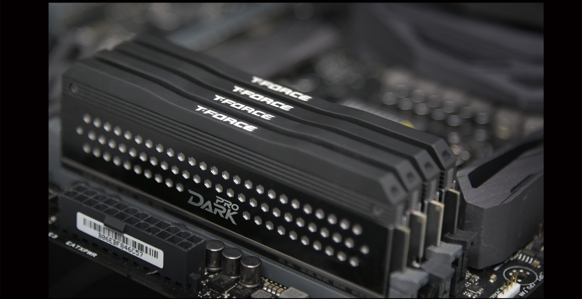 Four Sticks of Teamgroup DARK PRO Memory Installed on a Motherboard