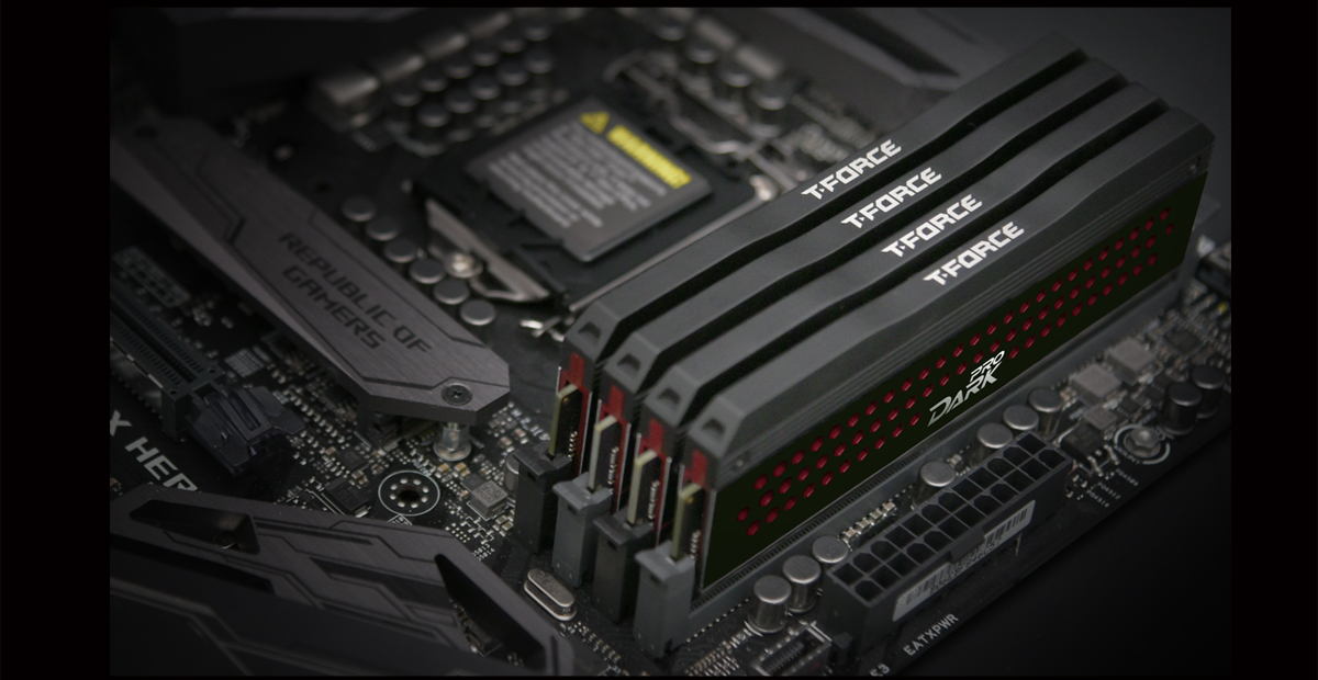 Four Red Teamgroup DARK PRO Memory Modules Installed on an ASUS Motherboard