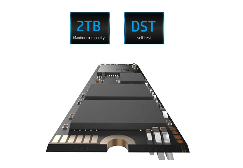 HP EX950 SSD Coming Forward Towards the Viewer Along with Graphic Text Boxes That Indicate: 2TB Maximum Capacity and DST Self Test