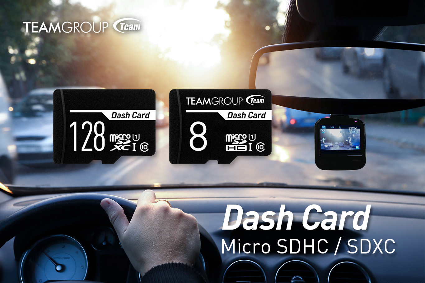 Team Group Dash Cards Along with a Background Image of a 1st Person Perspective of a Person Driving, and Text That Reads: Dash Card Micro SDHC / SDXC