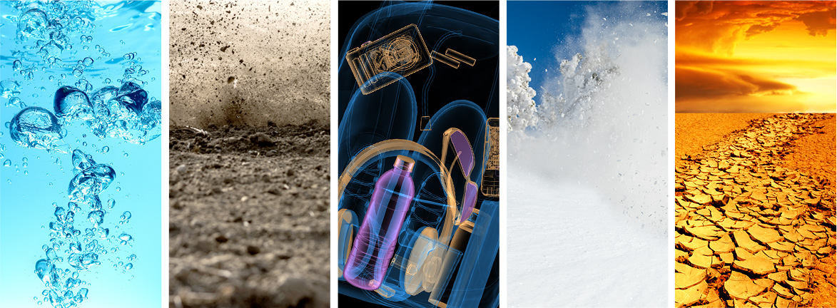 Five Images Showing Different Environments: Water, Dirt, X-Rayed Backpack, Snow and Hot Desert