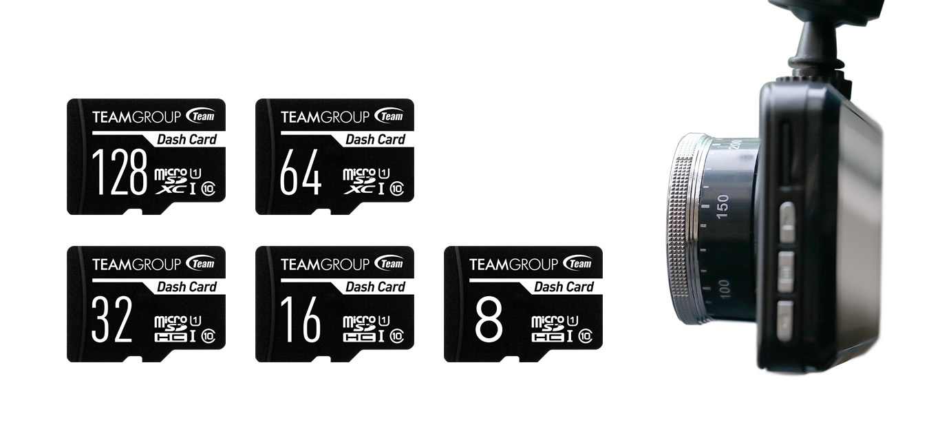 Team Group Dash Cards in 128, 64, 32, 16 and 8GB sizes Next to a Dash Cam Facing to the Left