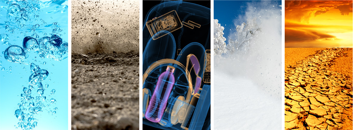 Different Images: water, dirt, x-ray backpack, snow and a desert