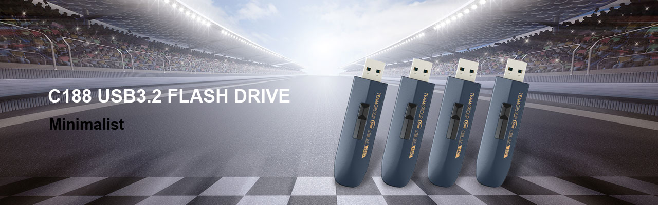 TeamGroup banner with four C188 USB 3.2 flash drives at the finish line of a race track