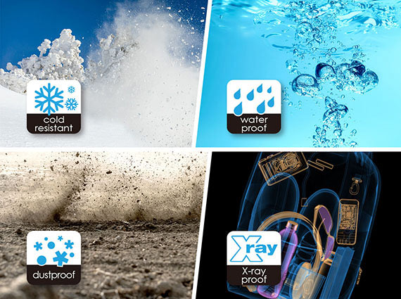 Four different images with text and graphics that indicate: 1) powdered snow flying in the air on a snow covered mountain with snowflake graphics and text that reads: cold resistant, 2) bubbles in water with rain drop icons and text that reads: water proof, 3) dirt rising up in the air, along with particle graphics with text that reads: dustproof and 4) X-ray image of items in a backpack, along with an x-ray logo and text that reads: x-ray proof