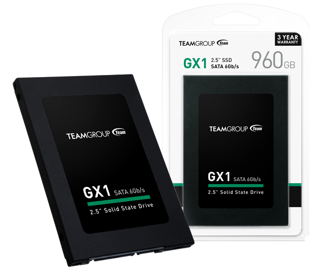 Team Group GX1 angled up to the right next to a packaged 960GB GX1 SSD facing forward