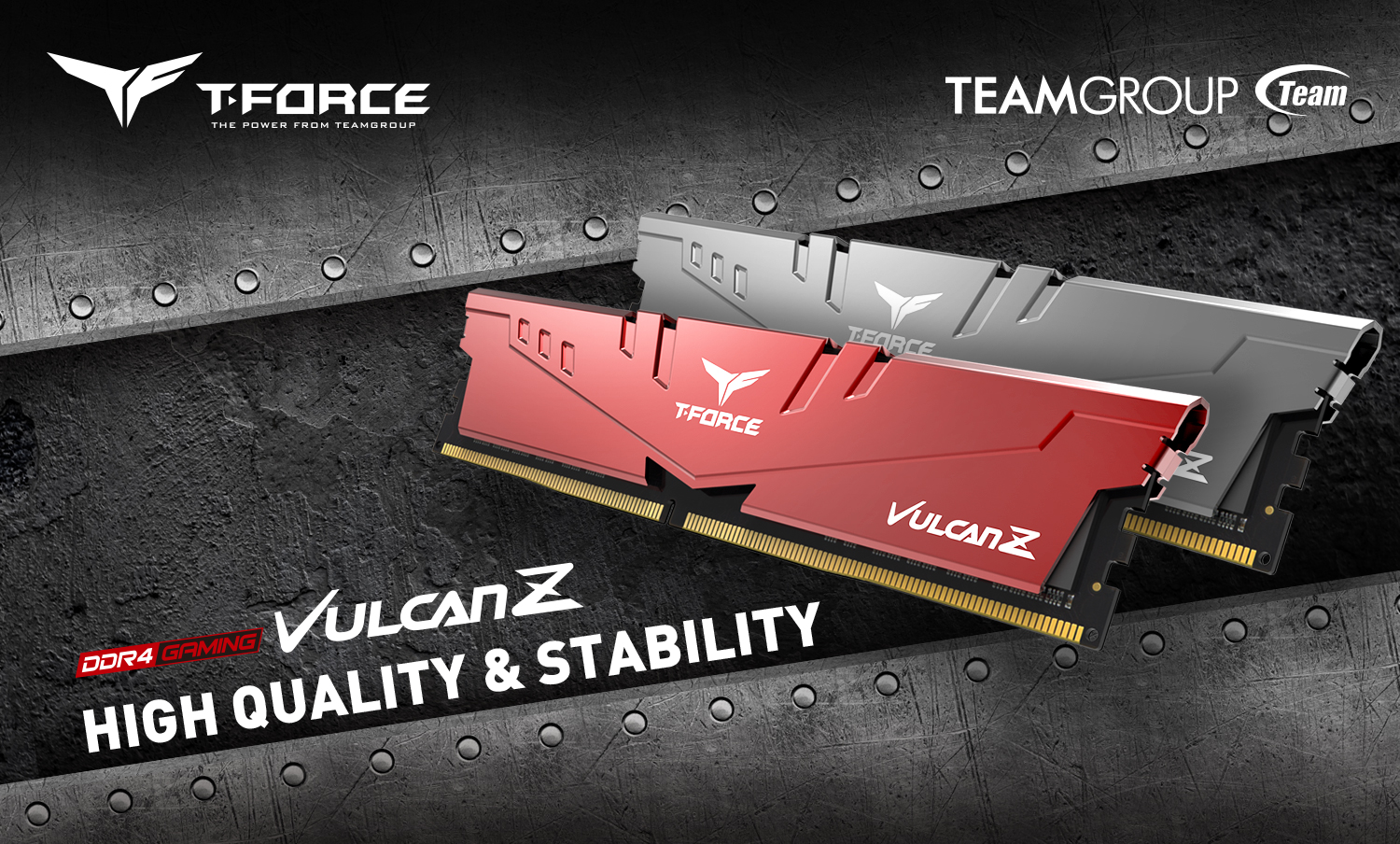 T-FORCE and TEAMGROUP logos above the red and gray memory sticks angled up, looking to the left next to text that reads DDR4 GAMING VULCAN Z - HIGH-QUALITY & STABILITY. The background is a sheet metal background