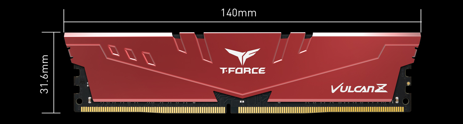 Red VULCAN Z memory stick facing forward with graphics and text indicating 31.6mm height and 140mm width