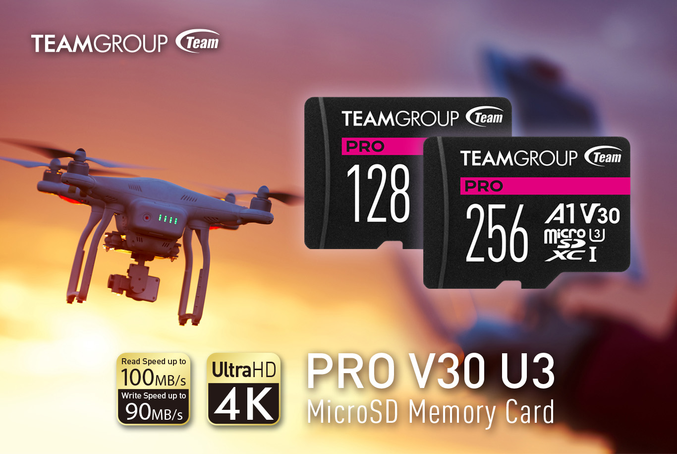 Team Group logo and 128GB/256GB Micro SDXC PRO A1 U3 V30 Card front view, Drones fly in the sky