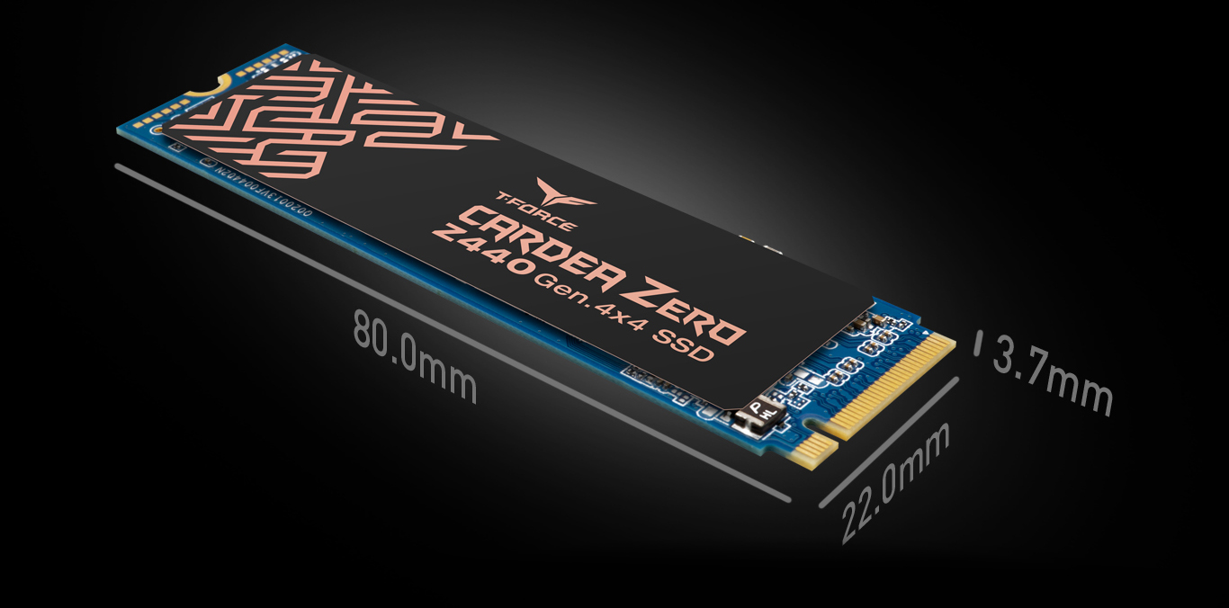 T-FORCE CARDEA ZERO Z440 M.2 NVMe PCIe SSD length, width and height labeling