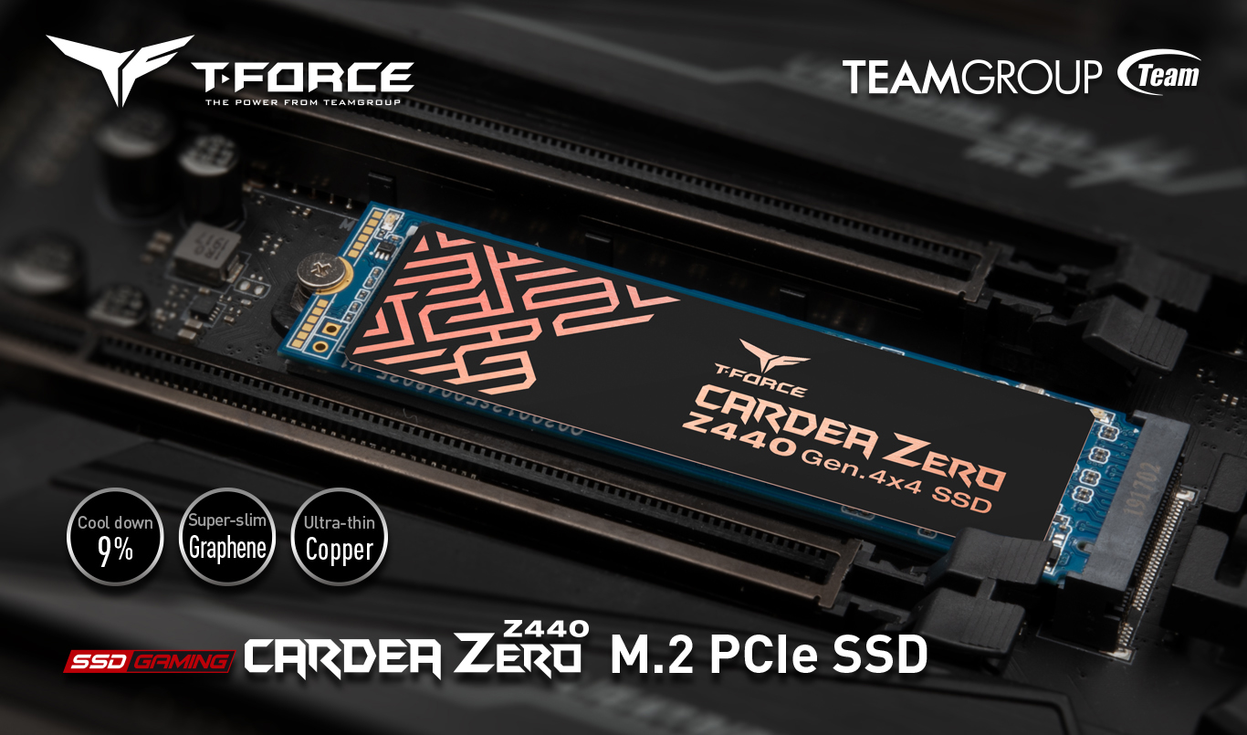T-FORCE CARDEA ZERO Z440 M.2 NVMe PCIe SSD faceing forward and Team Group logo
