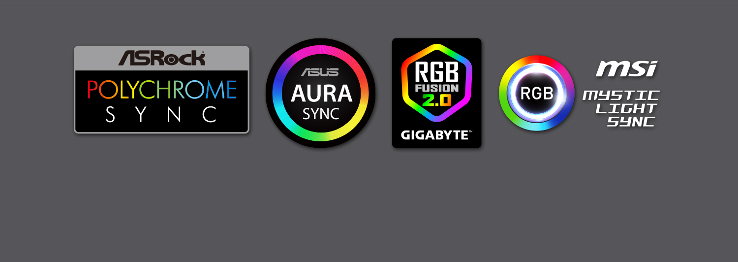 ASUS Aura Sync icon, GIGABYTE RGB Fusion icon, MSI Mystic Light Sync icon, ASROCK-Polychrome Sync icon