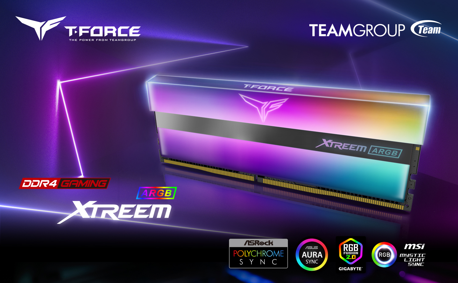 Team T-Force XTREEM ARGB Desktop Memory Model side view and Team Group logo