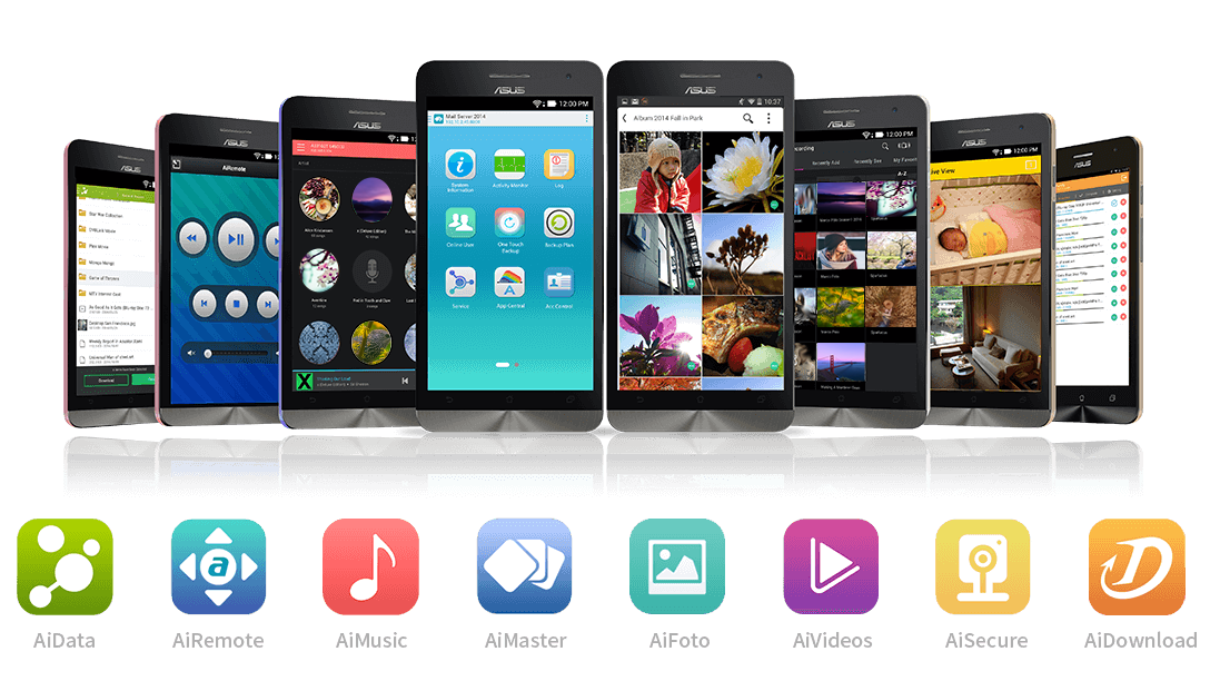 several Mobile Apps icons below phones, AiData icon, AiRemote icon, AiMusic icon, AiMaster icon, AiFoto icon, AiVideos icon, AiSecure icon and AiDownload icon