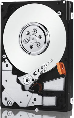 Internal view of the WD VelociRaptor HDD, showing platter, recording head, recording arm, load ramp, and more