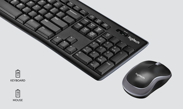 Logitech MK270 Combo with in gray background with two battery icons