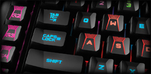 Closeup of the Tab, Caps Lock, Shift and WASD Keys of the Logitech G910 Orion Spark RGB Keyboard