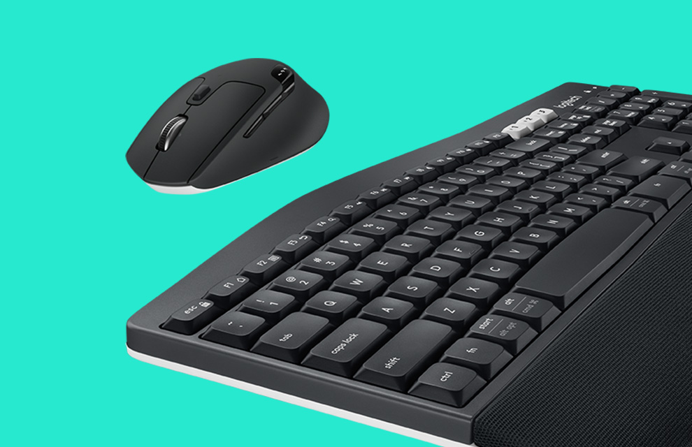 Logitech MK850 Performance Wireless Keyboard and Mouse Combo on a light teal background