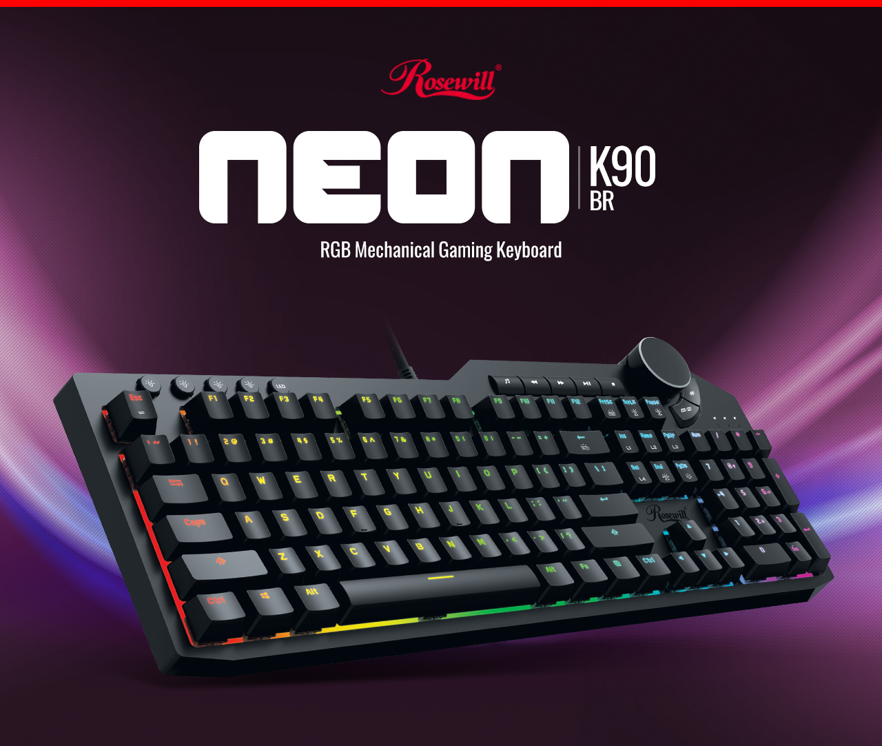 Rosewill NEON K90 RGB BR banner with the product facing up to the right along with text that reads: RGB Mechanical Gaming Keyboard