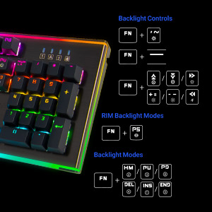 Rosewill NEON K75 next to a chart of key-combination functions