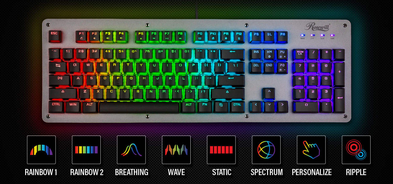 rosewill NEON K52 RGB Keyboard on the top of the picture, below is marks of RAINBOW1 RAINBOW 2 BREATHING WAVE and so on
