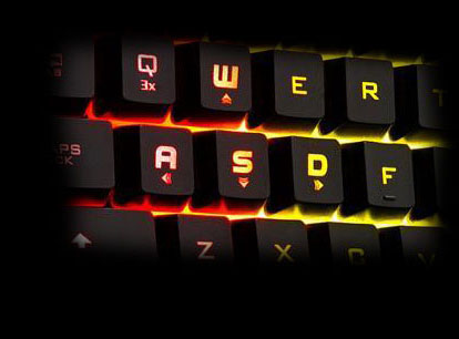 A close-up view of the WASD section with vivid RGB backlighting