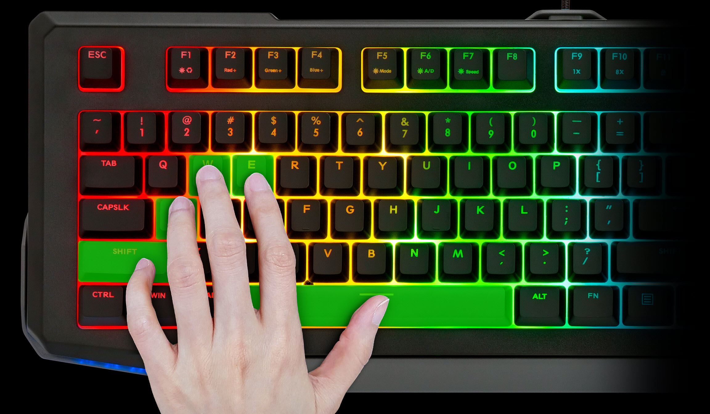 a hand pressing mutiple keys on Rosewill NEON K42 keyboard