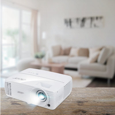 Acer Projector Angled Down to the Left Shooting Out Light in Front of a Living Room