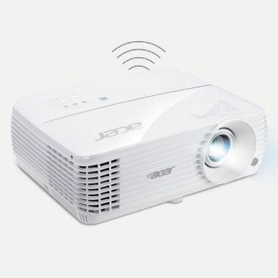 Acer H6810 Projector Angled Down to the Right with a Graphic Indicating Wireless Connectivity