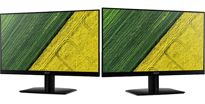 two acer monitors, one is facing left and the other is facing right