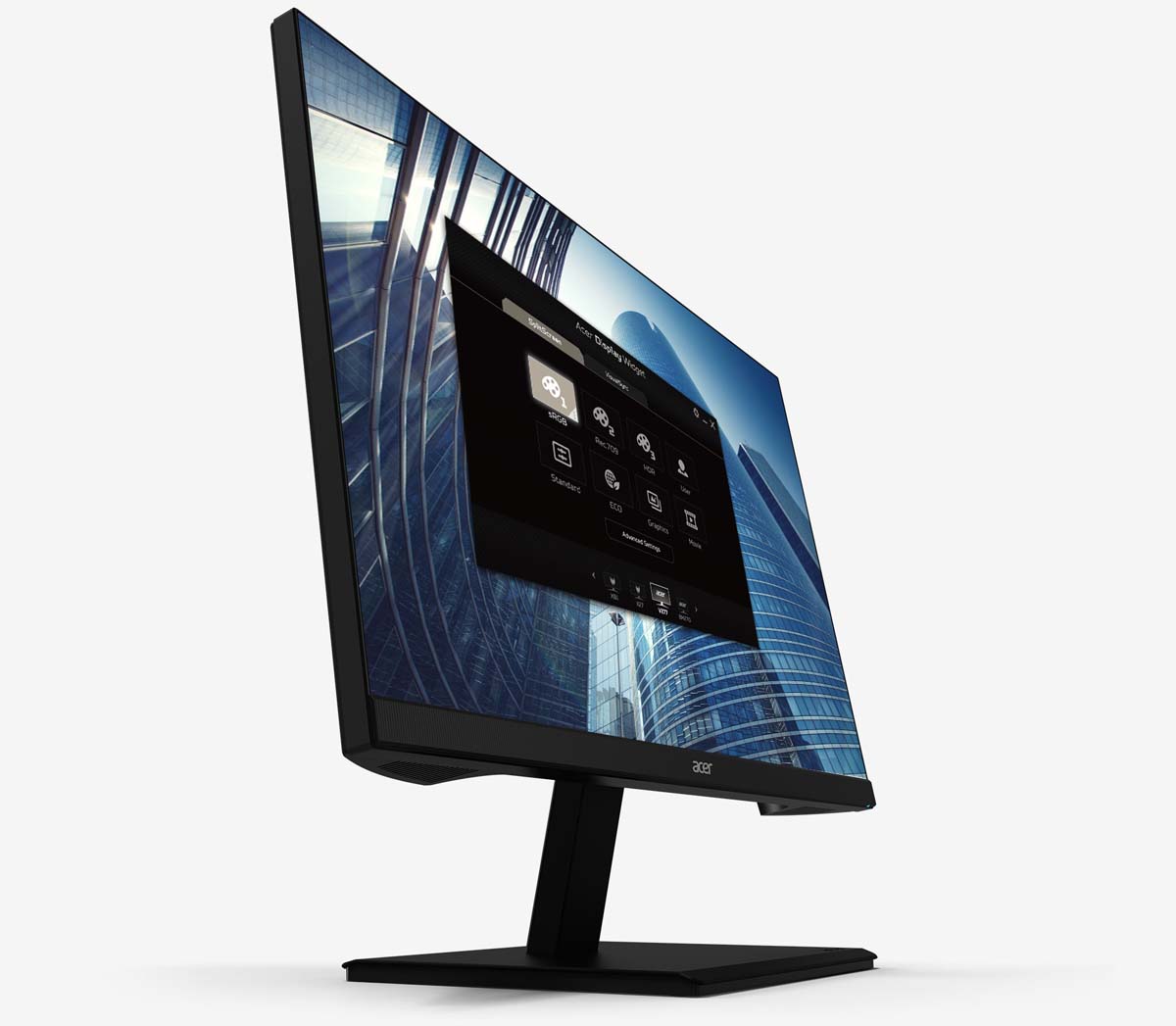 Acer V277U Monitor Angled UP to the Right with the Settings Window Open