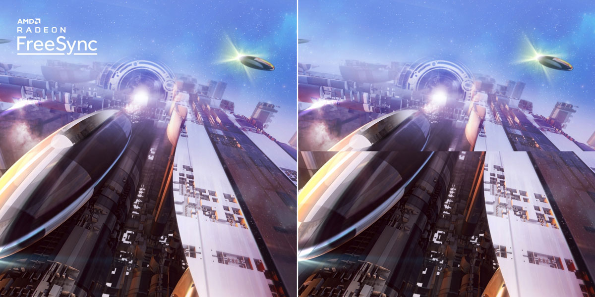 AMD FreeSync Comparison Image of a Video Game Screenshot showing space portal traveling with advanced scifi vehicles