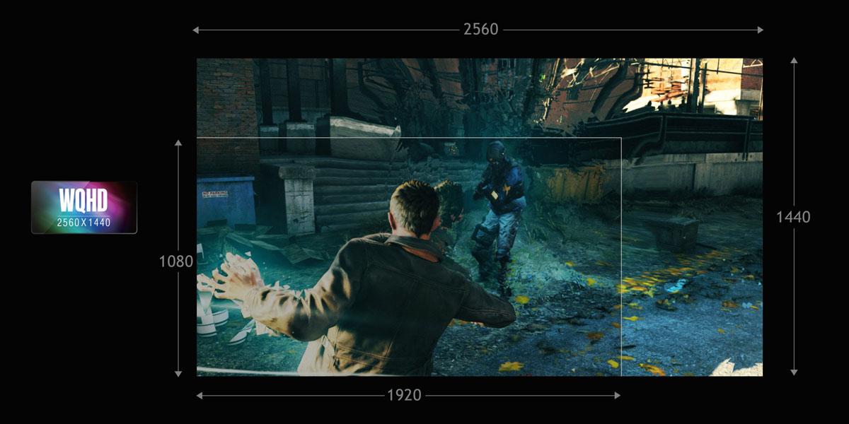 WQHD resolution compared to HD with a video game screenshot showing a man with superhuman powers approaching an armed terrorist operative