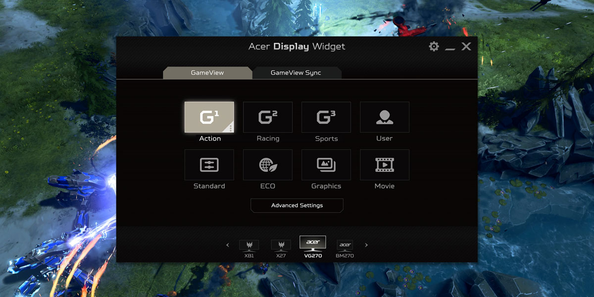 Acer Display Widget Software Window Open in Front of a SciFi Video Game Screenshot
