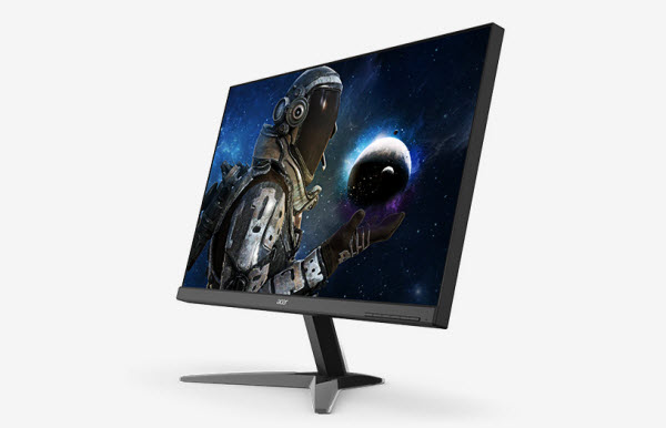 Acer KG281K bmiipx showing a scifi astronaut holding up a dark orb that represents a planetary body
